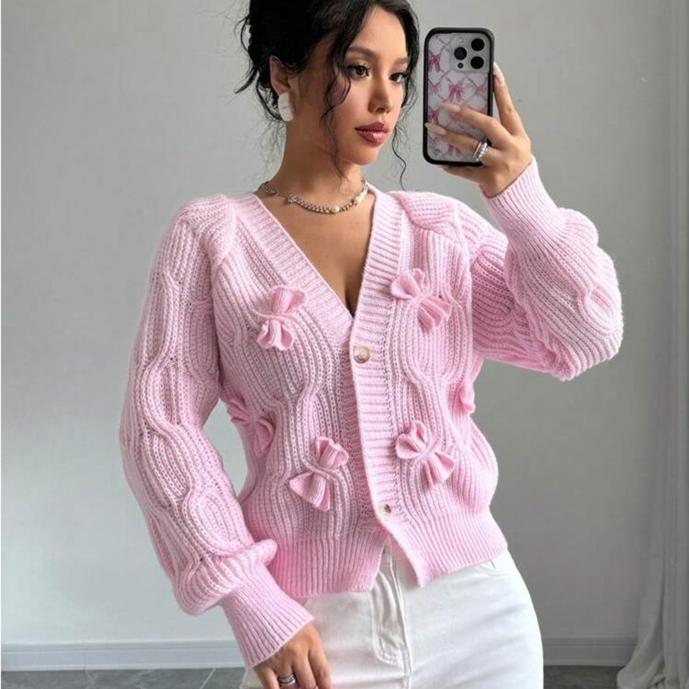 Pink Bow Knit Cardigan Sweater Coquette Cottagecore Oversized XL - Picture 1 of 7